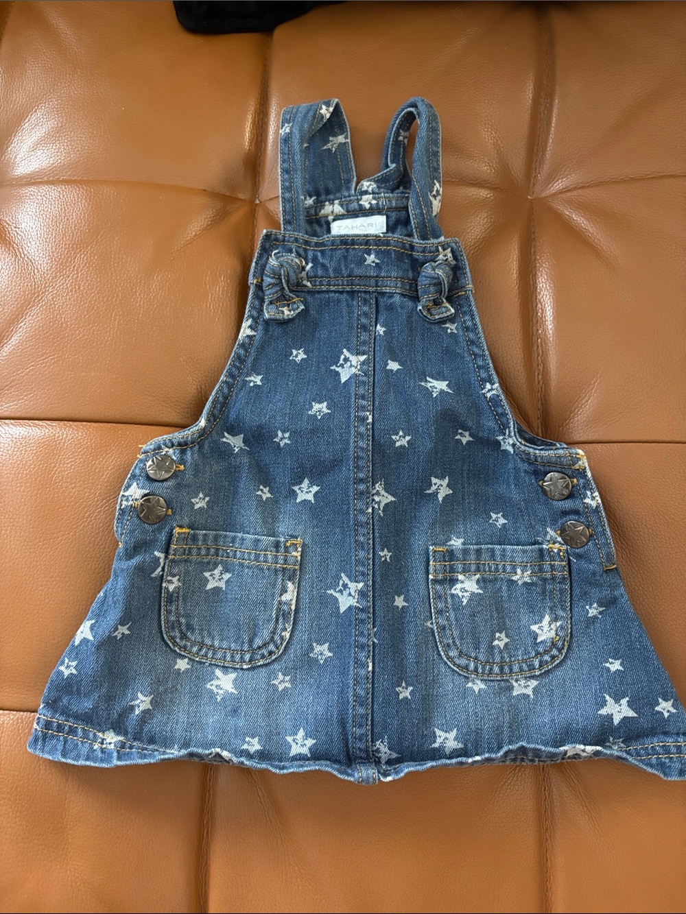 Tahari Blue Star Print Denim Overalls Dress